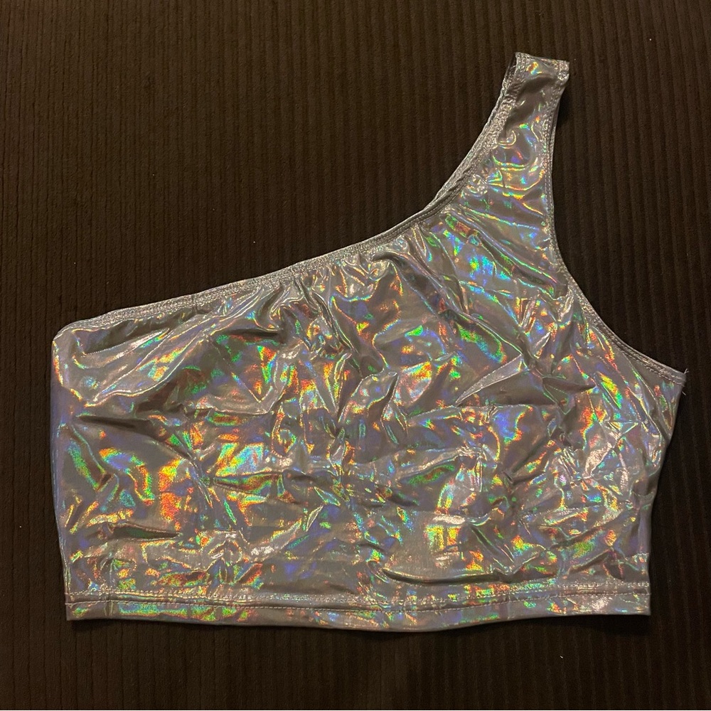 holographic/metallic one shoulder crop top